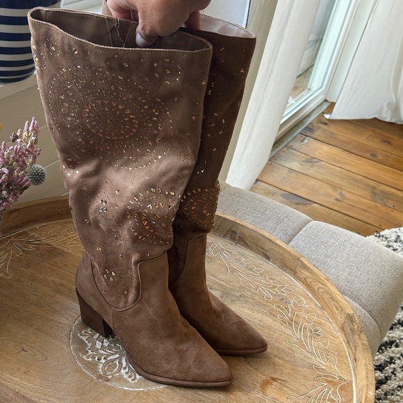 Tan  Suede Embellished Knee-High Boots - Picture 5 of 16